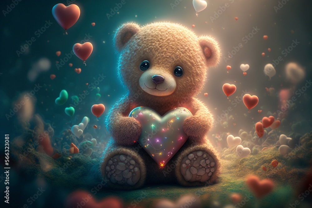 A cuddly teddy bear holds a bright red heart, surrounded by a shower of floating hearts in a magical moonlit wonderland. Perfect for Valentine's Day. Generative Art. A cuddly teddy bear holds a bright red heart, surrounded by a shower of floating hearts in a magical moonlit wonderland. Perfect for Valentine's Day. Generative Art.