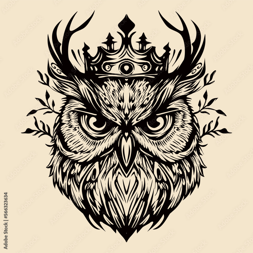 Owl head with crown Hand Drawn tribal  Illustration