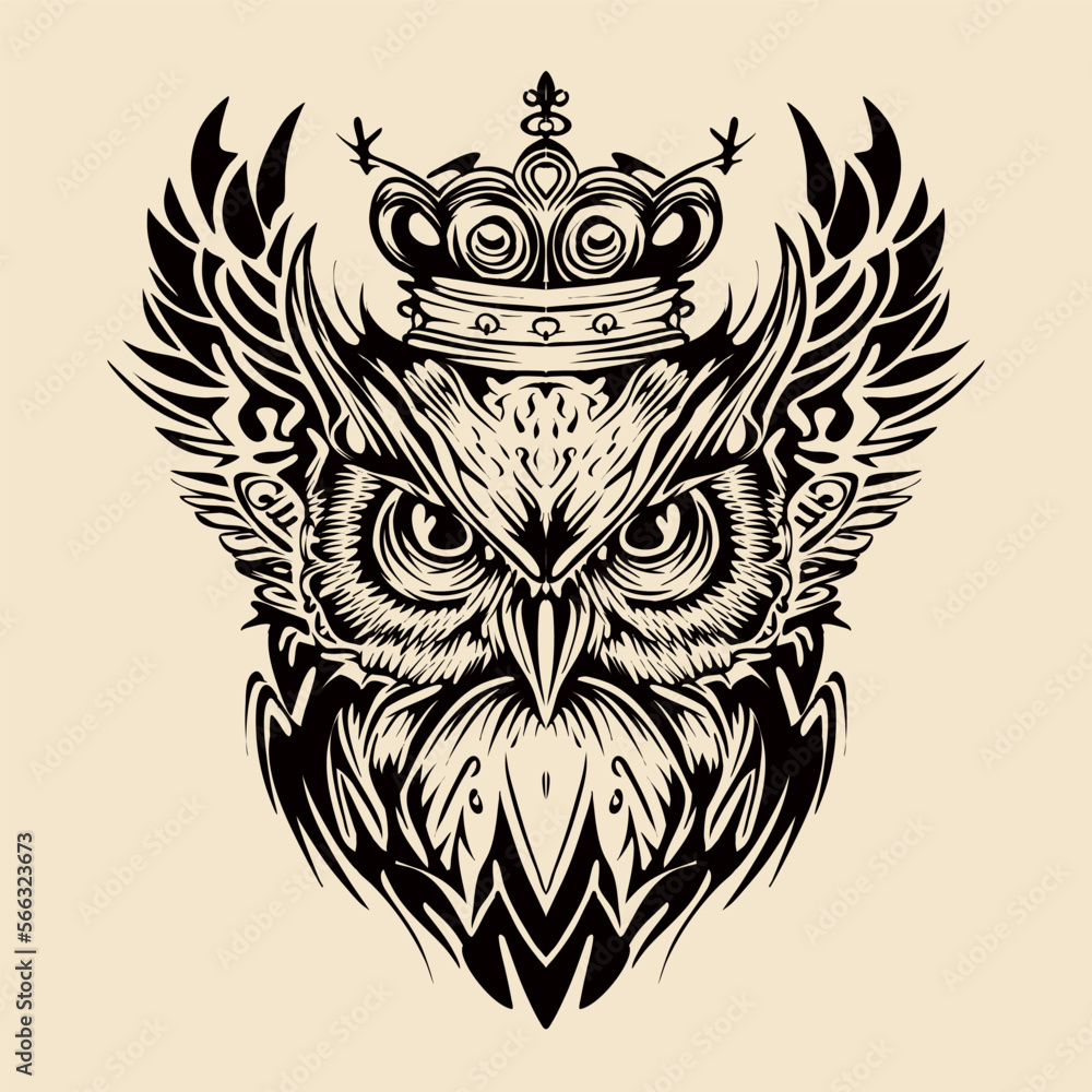 Owl head with crown Hand Drawn tribal  Illustration