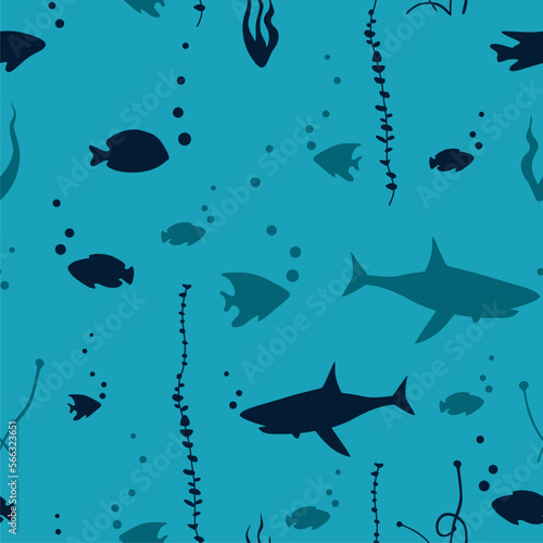 Seamless underwater life template. Ocean bottom with seaweeds. Marine scene. Wrapping paper  print  textile  fabric. Fish.