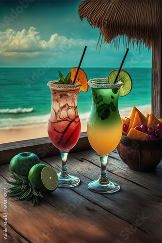 A Couple Of Exotic Cocktails By The Sea In A Wooden Table Overlooking The Ocean. Tropical break. Generative AI photo