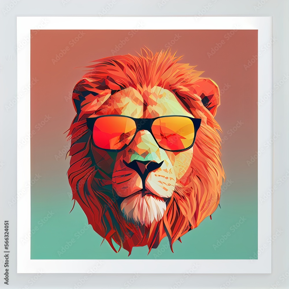 Lion wearing sunglasses on a solid color background, vector art, estilo ...