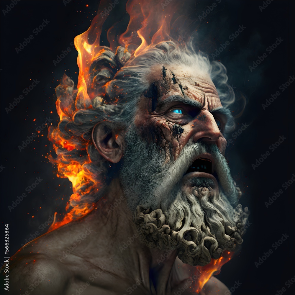 old man hades Greek god of the underworld surrounded by fire with flames coming out of his eyes