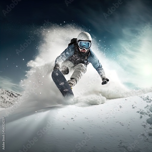 Snowboarder racing down a mountain slope.
