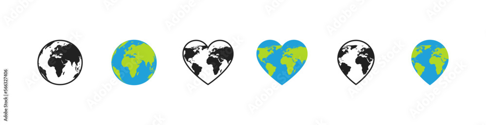 Earth globe icon set with continents. Vector EPS 10