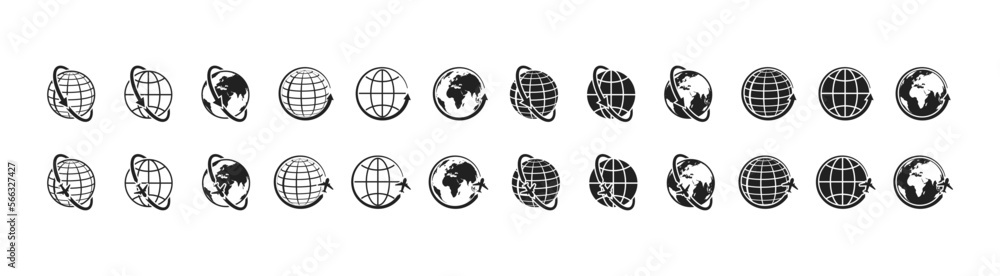 Globe plane icon set. Plane fly around earth. Global communication sign. Vector EPS 10 Globe plane icon set. Plane fly around earth. Global communication sign. Vector EPS 10
