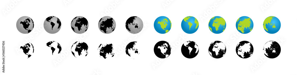 Earth globe icon set with continents. Vector EPS 10 Earth globe icon set with continents. Vector EPS 10