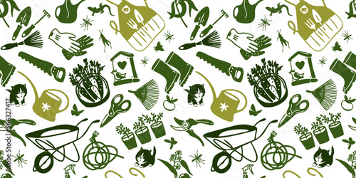 Seamless pattern with garden tools in cartoon style. Vector set of garden equipment. Gardening Set of icons. Agriculture Icons. Sowing seeds.