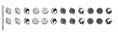 Globe plane icon set. Plane fly around earth. Global communication sign. Vector EPS 10