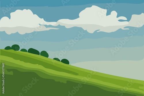 Valokuva vector art of a spring grass hillside with clouds and sky
