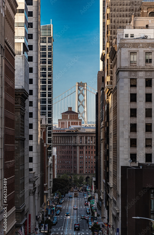 San Francisco street with Oakland Bay Bridge