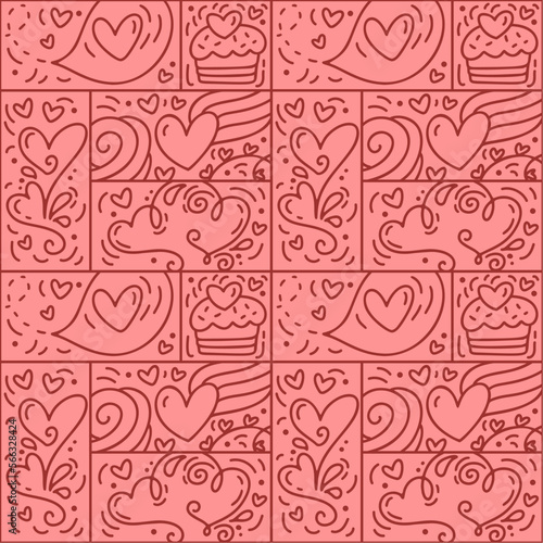 Valentines logo vector seamless pattern love, cake, heart line and abstract on pink background. Hand drawn monoline constructor for romantic greeting card