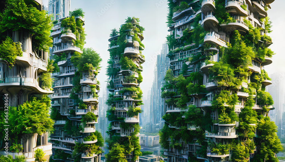 Modern architecture, covered with moss and plants.. Generative AI