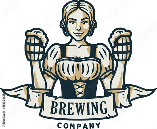 Girl with craft beer pint mug. Logo for drink bevery bar or pub. Emblem for bavarian oktoberfest photo