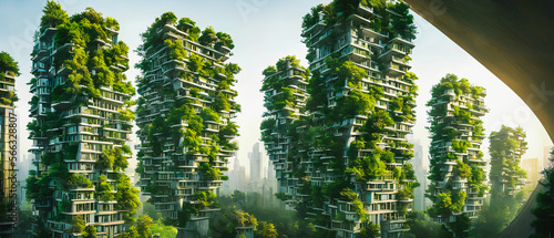 Modern architecture, covered with moss and plants.. Generative AI photo