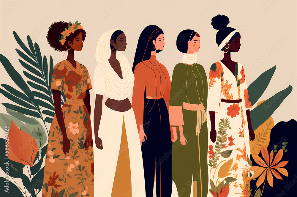 Naklejka premium Group Women of different ethic backgrounds diversity, 2D Illustration generativ ai