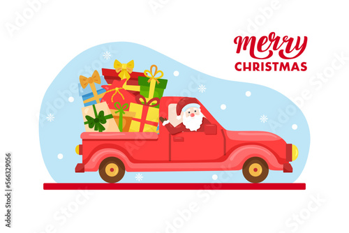Funny flat Santa Claus drives red car with gifts and bag on snowy background. Vector cartoon Merry Christmas illustration. Image of cute winter character with smile for holiday season greeting poster