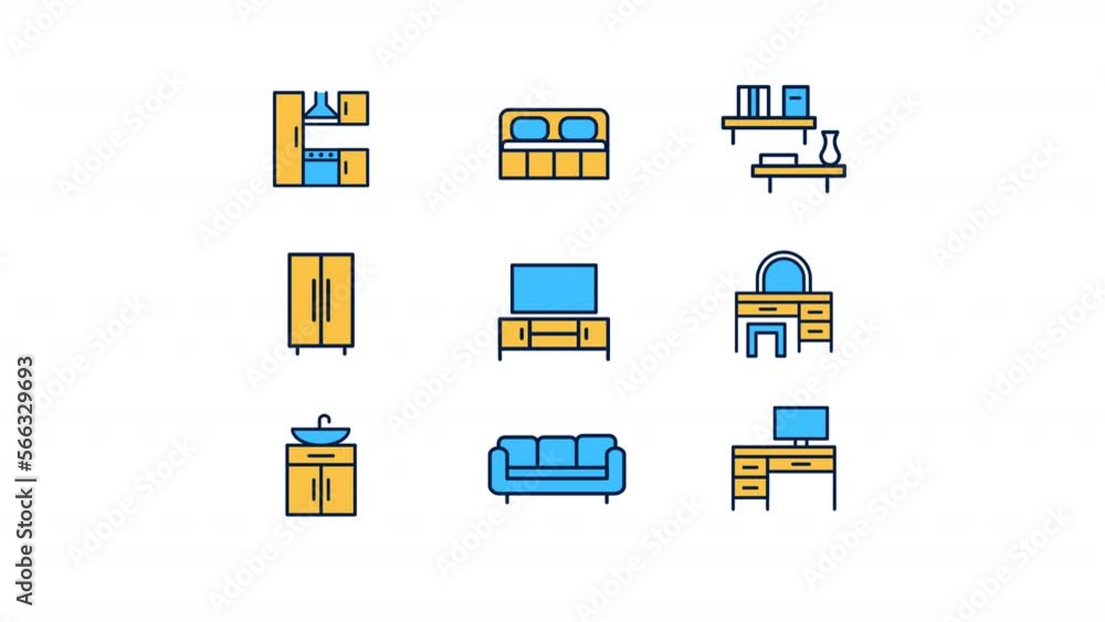Animated furniture color icons. Home interior elements. Homeware ...