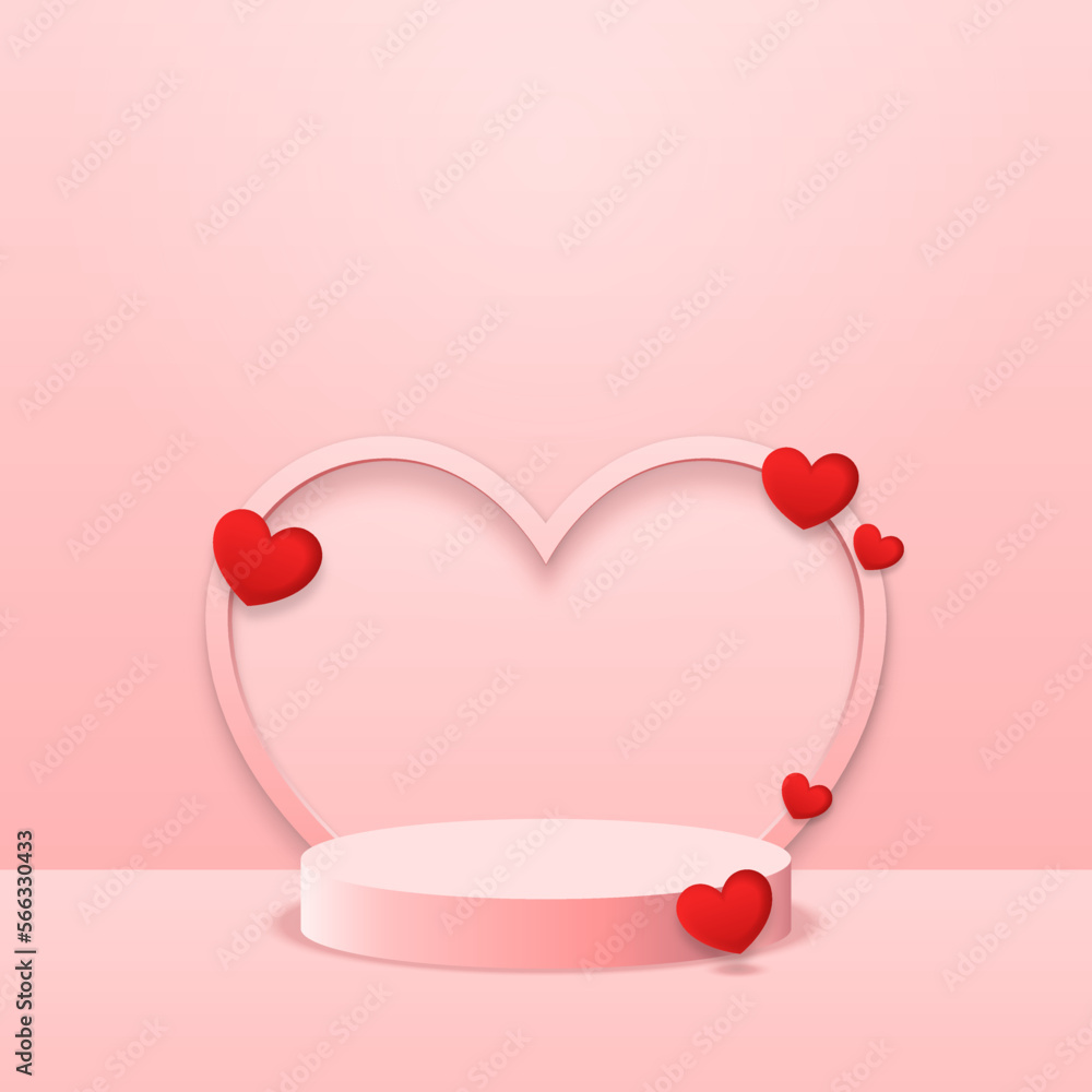 3d background product display podium scene with heart. 3D podium and many sweet hearts on pink background. Promotion and shopping template or background for Love and Valentine's day concept