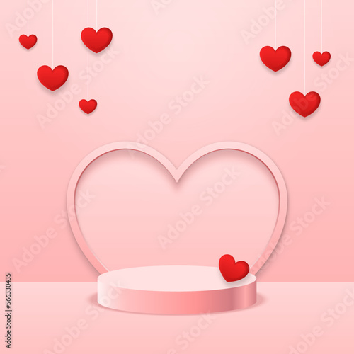 Happy valentines day podium. wedding card or banner. Pink podium in valentines background with hearts decorations. Romantic anniversary card. vector illustration. product display stage background