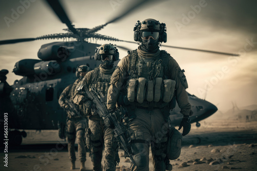 Soldiers moving forward from Helicopter created with Generative AI Technology, ai, generative