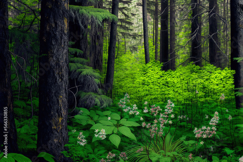 a forest filled with lots of green trees and flowers next to tall trees and bushes with white flowers in the middle of the forest floor.  generative ai