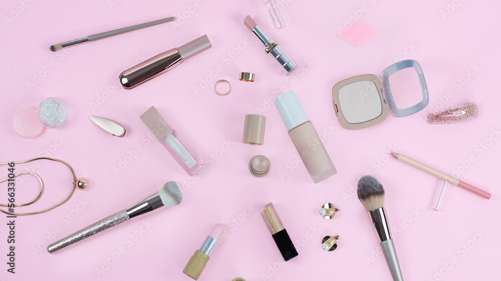 Flat lay beauty and fashion with lip sticks, powder lip gloss on pink background Essential beauty items Beauty Cosmetics Fashion Flat lay beauty and fashion with lip sticks, powder lip gloss on pink background Essential beauty items Beauty Cosmetics Fashion