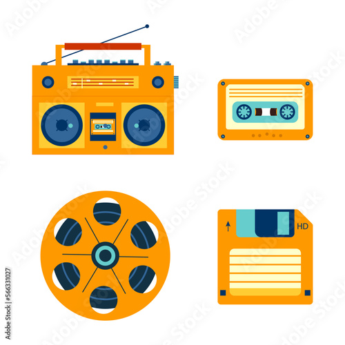 Music retro vintage design element. Radio receiver boom box, floppy diskette, audio cassette, rolling film reel.