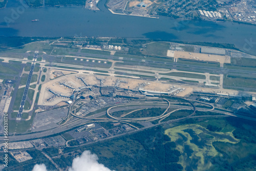 Philadelphia International Airport, Philadelphia, Pennsylvania, USA: Aerial photograph of Philadelphia International Airport PHL showing runways, terminals parking structures and the Delaware River photo