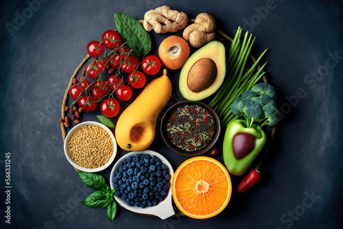  a variety of fruits and vegetables arranged in a circle on a black background with words describing the different types of fruits and vegetables in each circle.  generative ai