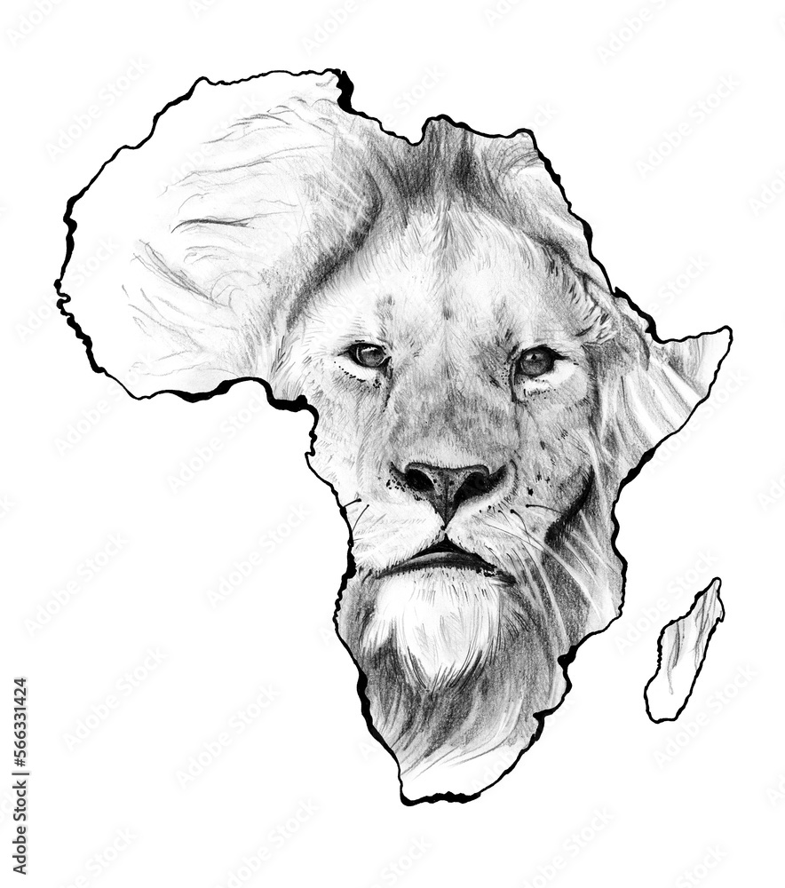 Fototapeta premium Hand drawn sketched lion face in Africa continent