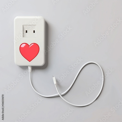 Heart-shaped socket. Connection cable, neural networks. Love likes and social networks. 