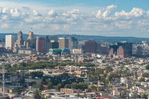 Aerial view of the skyline of Newark  New Jersey  The Passaic River and the surrounding areas