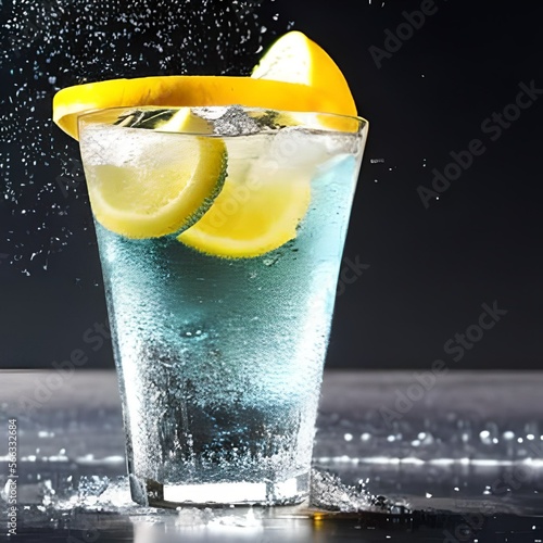 Simple unzoomed cocktail blue in a cosmopolitan glass with slice of lemon, many space on the right, realist, minimalist, black background, splash, drops, splashes, wet, droplets, dew, HD, 8K, with neg photo