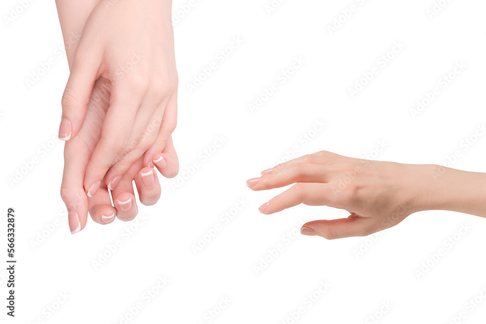 Woman hands with french manicure isolated on white bacckground. Woman hands with french manicure isolated on white bacckground.