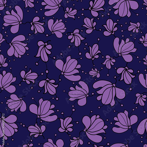 seamless repeat pattern with space cadet and purpureus violet simple  floral motifs in a Radom pattern perfect for fabric, scrap booking, wallpaper, gift wrap projects

