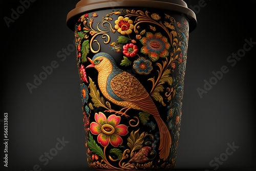 Coffee cup in khokhloma style, concept of Russian folk art and hand-painted, created with Generative AI technology