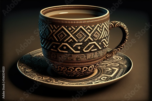 Coffee cup in kuba cloth style, concept of Abstract Pattern and Bright Colors, created with Generative AI technology