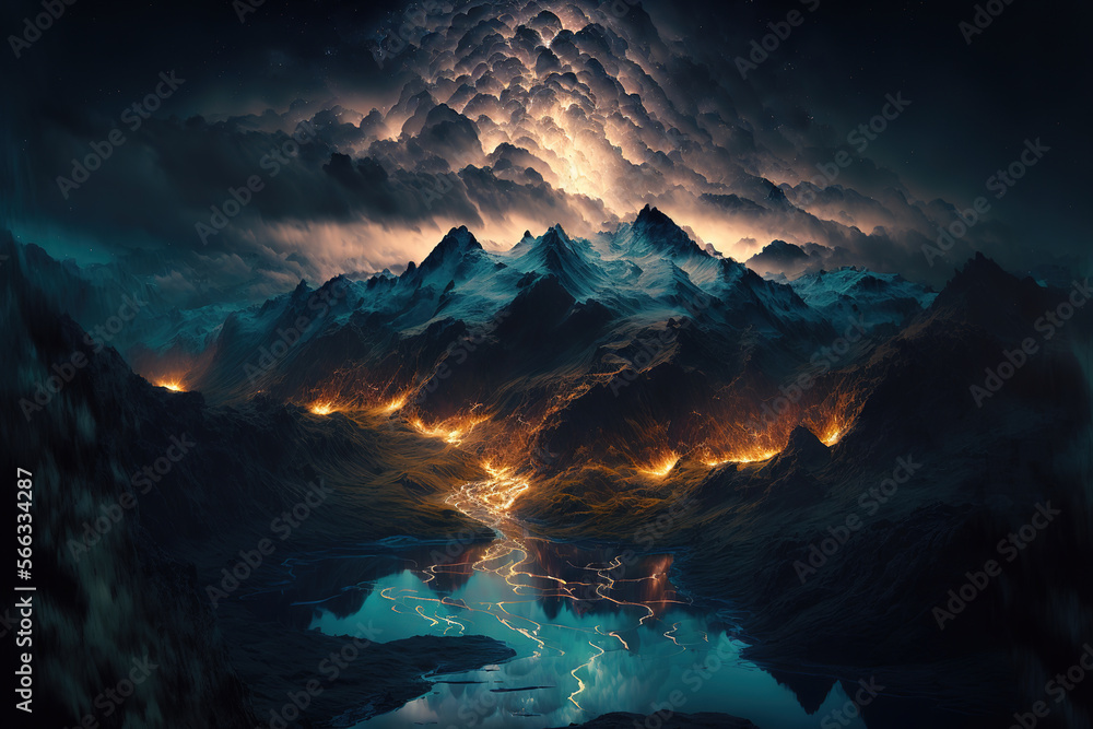 landscape of lighting over the mountains having a dramatic composition. Generative Ai