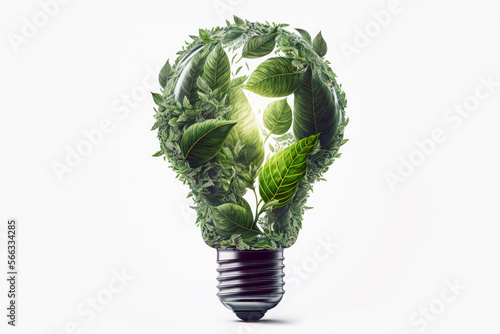 Ecology lightbulb symbol made from leaves, eco concept illustration on white background, generative, ai photo