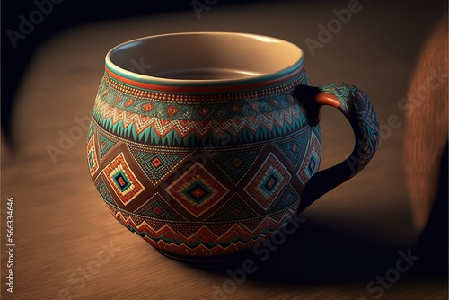 Coffee cup in wounaan style, concept of Basket-weaving and Indigenous Art., created with Generative AI technology photo