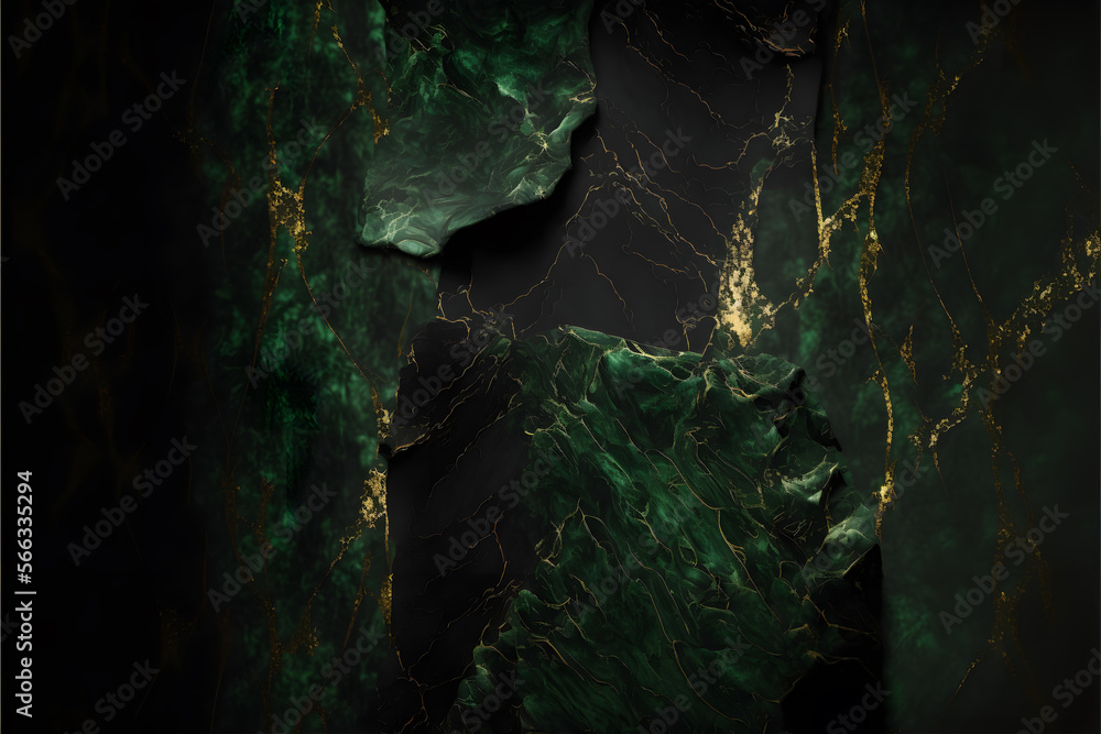 Plain dark green and gold smooth marble background made with Generative AI technology