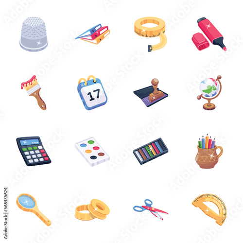 Bundle of School Equipment 2D Icons 


