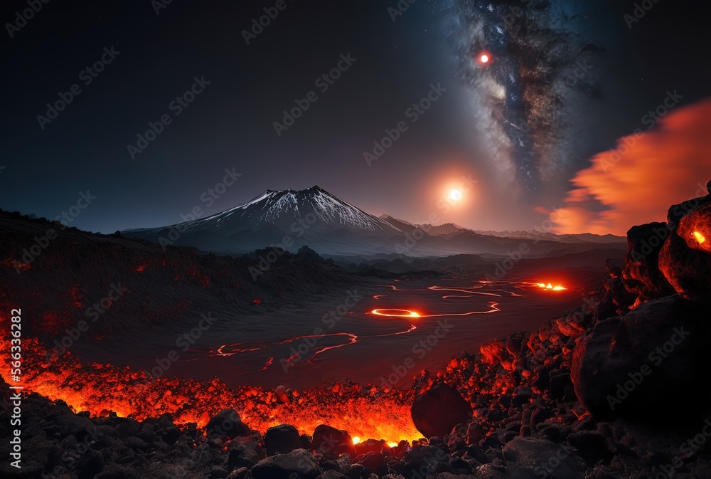 volcano  with lava river flow on ground at night time, Generative Ai