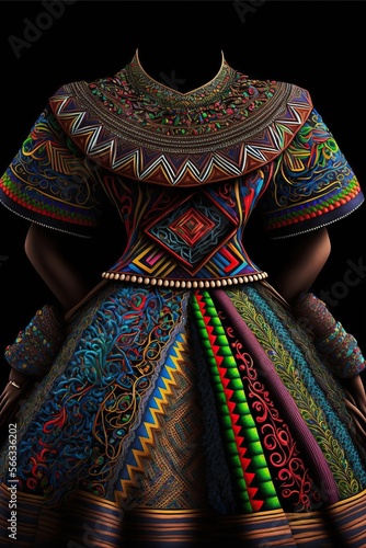 Dress in mola style, concept of Embroidery and Appliqué, created with Generative AI technology