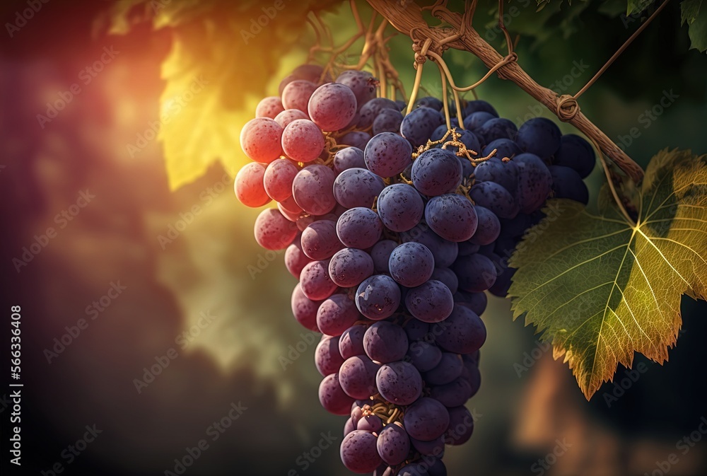 bunch of grapes in orchard, idea for agricultural and fruitfulness theme concept background wallpaper, purple grapes Generative Ai