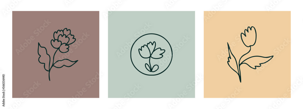 Elegant botanical logo collection, boho style, hand drawn flower and leaf illustrations, delicate and minimal monogram design.