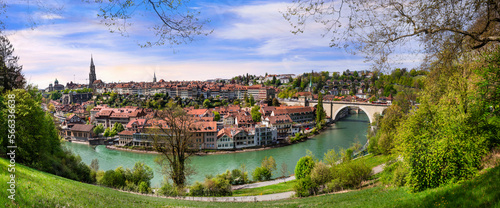Housse de coussin Switzerland. Swiss travel and landmarks .Romantic bridges  and canals of Bern capital city panoramic view of old town - NikkelArt.be