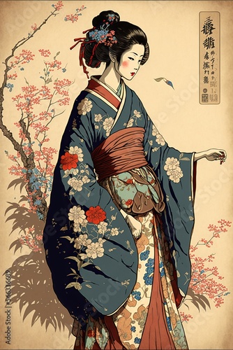Dress in ukiyo-e style, concept of Ukiyo-e Prints and Japanese Woodblock Printing., created with Generative AI technology