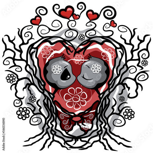 Surreal Trees Creepy Cute Characters in Love in a Fantasy Weird World Valentine's Day Vector Illustration isolated on white